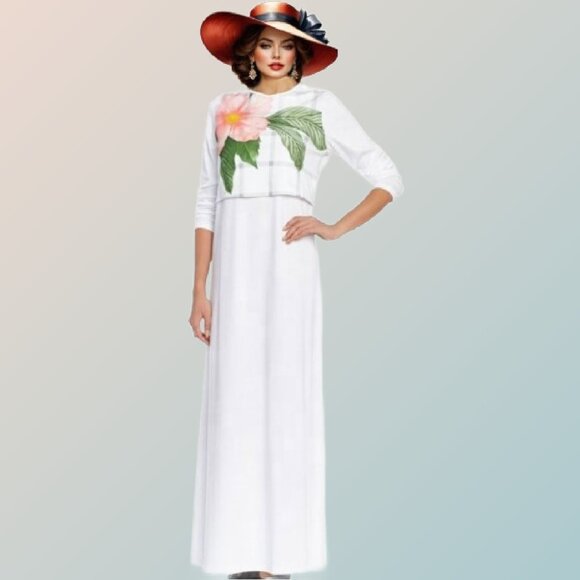 DONATELLA Bold Floral Accent Minimalist White Pima Cotton Maxi Dress Sz M - Picture 2 of 5